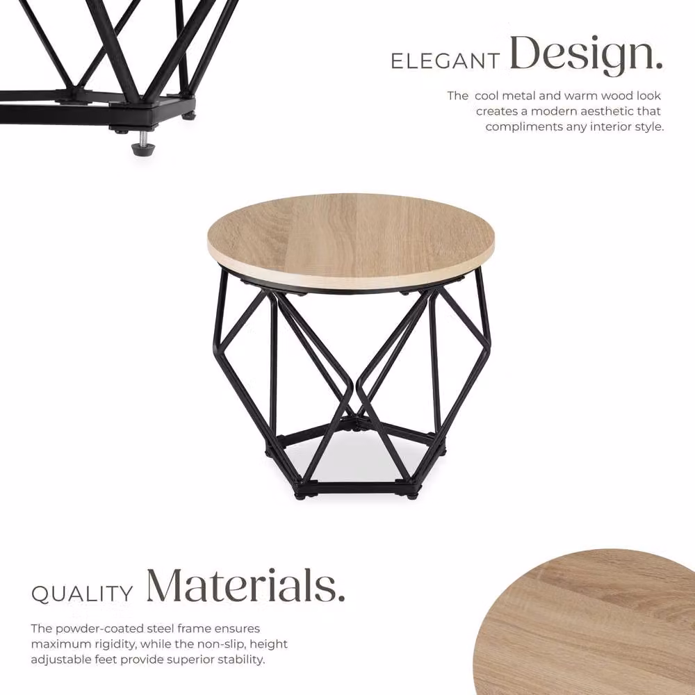 tectake Benham 2-Piece Round Nested Coffee Table Set in Light Oak and Black – 3