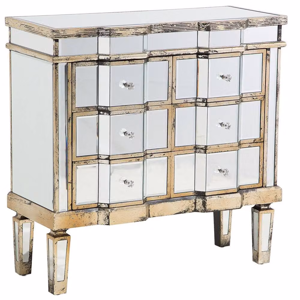 Wyld and Coco Silver Mirrored Sideboard with 6 Drawers and Distressed Gold Trim, W/D/H: 120 x 35 x 81 cm – 2