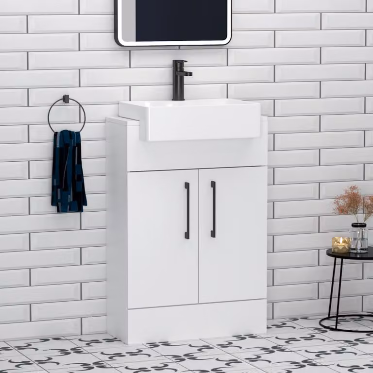Royal Bathrooms Elena 600mm Gloss White Floor Standing Vanity Unit with 2 Soft Close Doors, Black Handles and Semi Recessed Basin