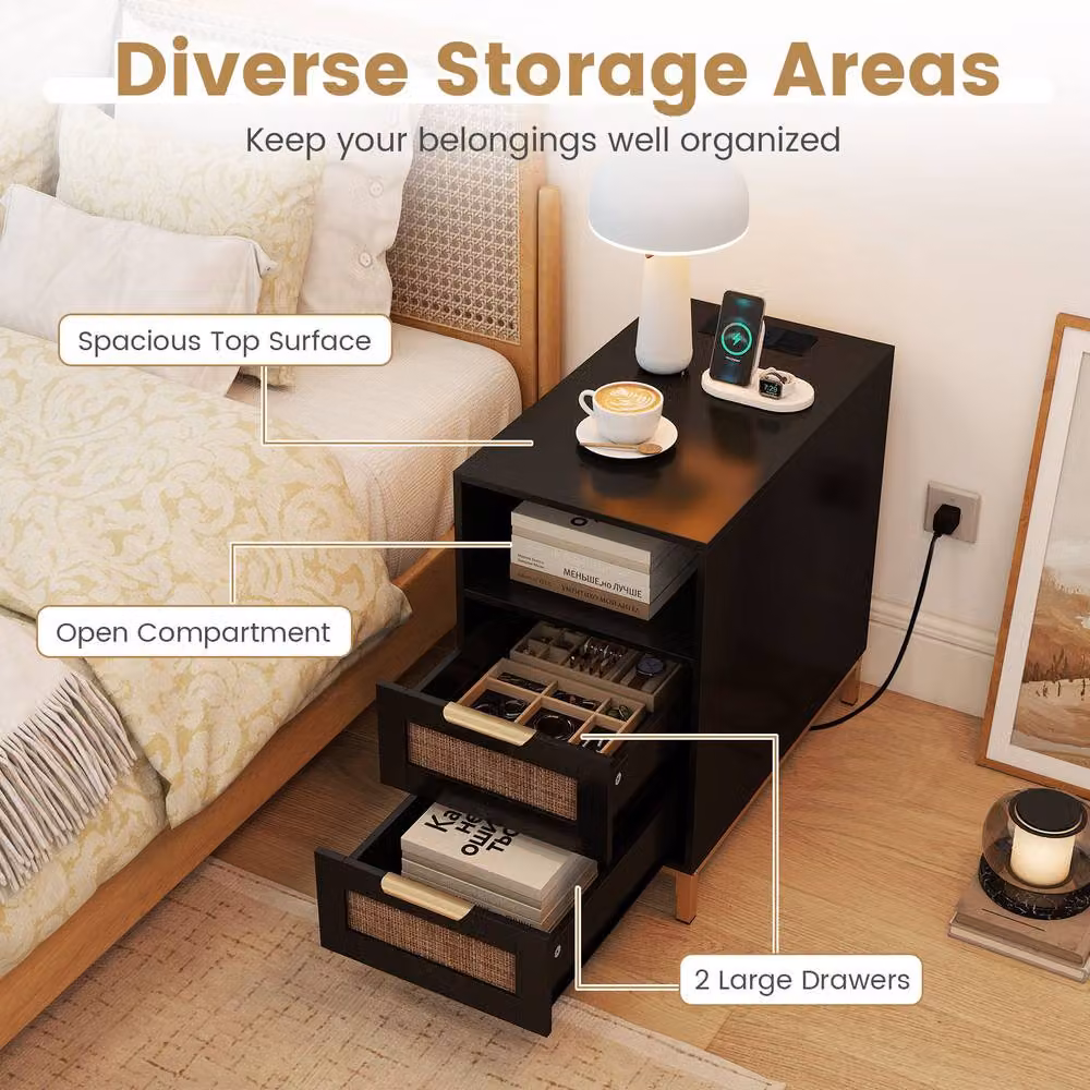 Gymax Narrow Rattan Side Table with Charging Station and 2 Drawers in Black – 4
