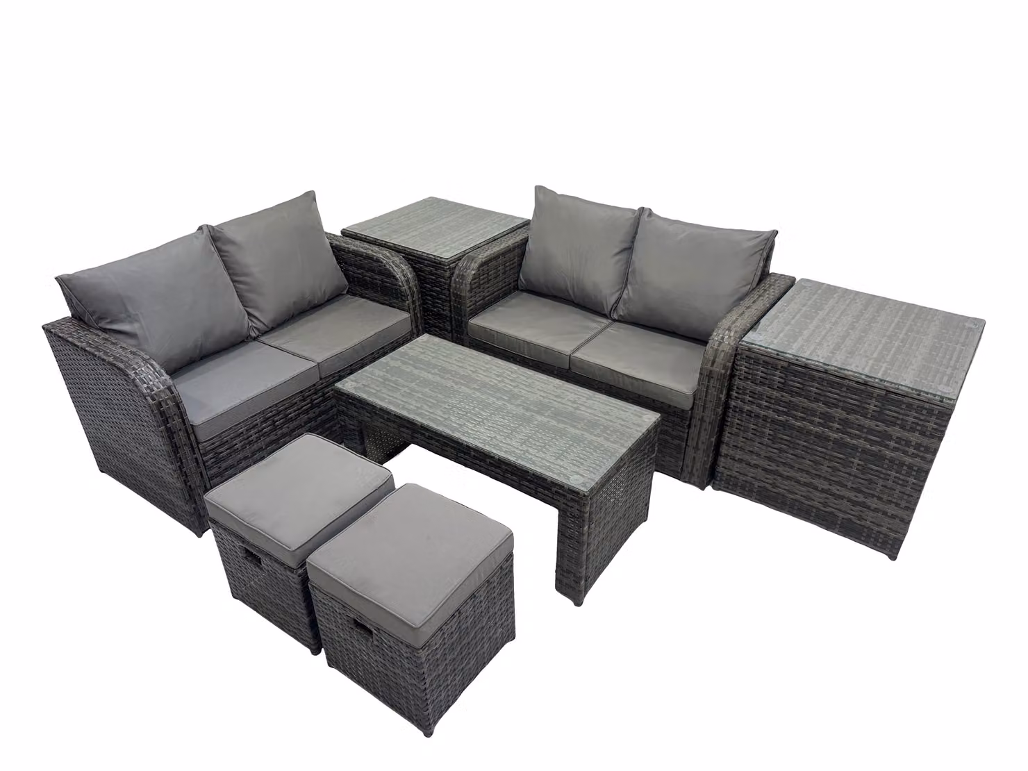 Fimous Garden Modern L-Shape Outdoor Furniture Set in Grey with 2-Seater Sofa, Coffee Table, Ottoman and Cushions – 2