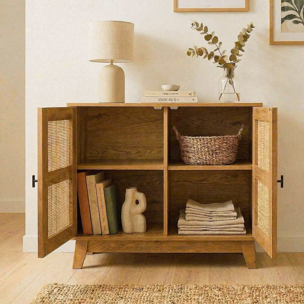 CALICOSY ALIA 2-Door Sideboard with Rattan Caning, Brown, W: 80 cm, D: 35 cm, H: 75 cm – 4