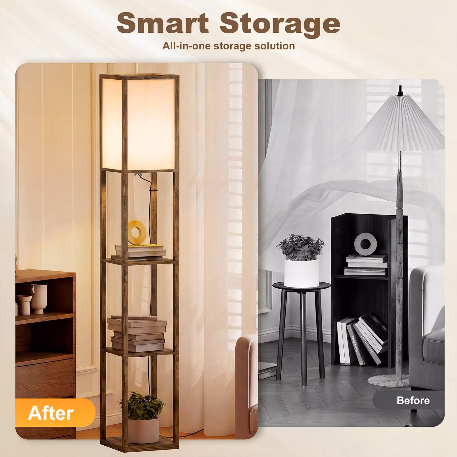 HOMCOM Modern Floor Lamp with Storage Shelves in Brown – 5