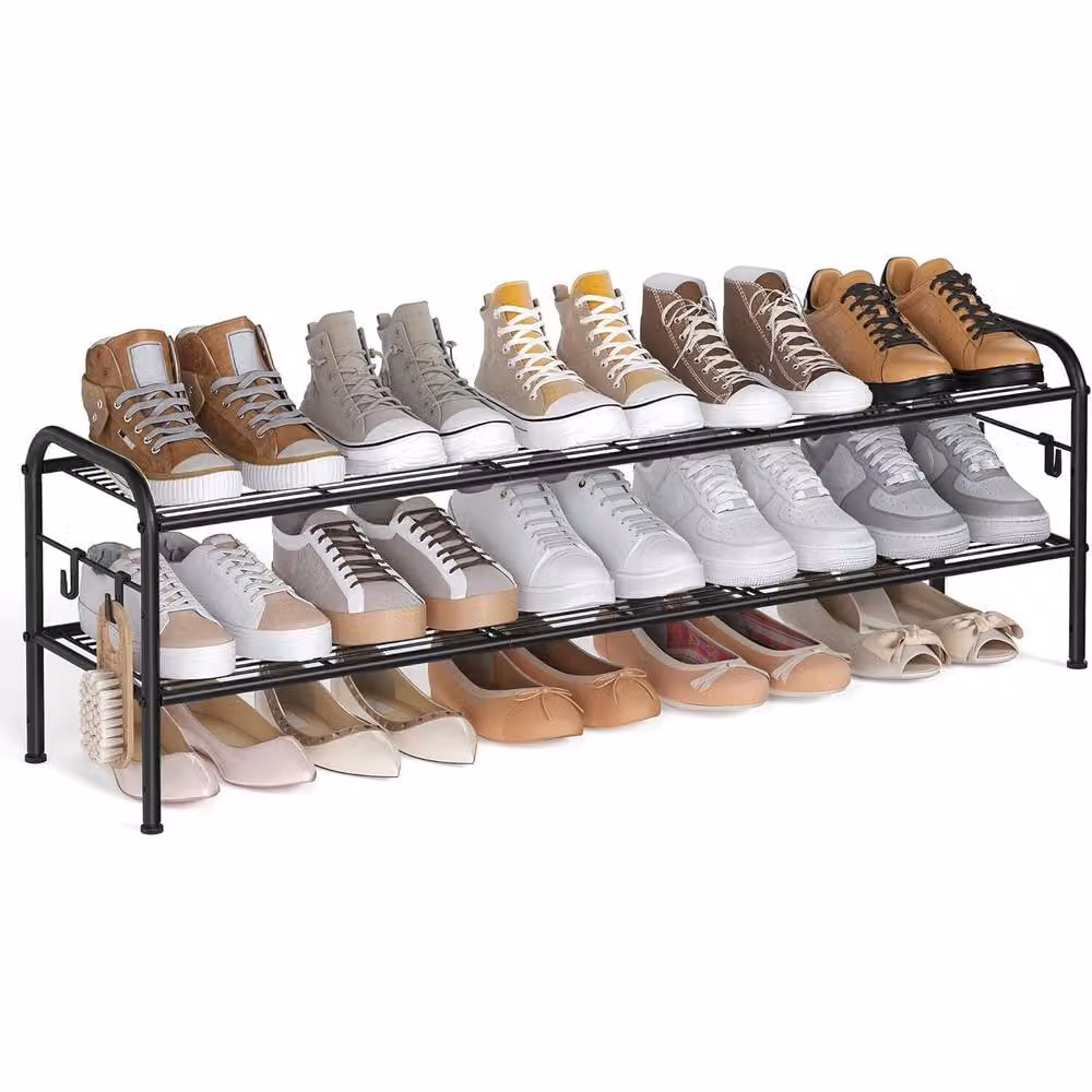 The Bazaarist 2 Tier Metal Entryway Shoe Rack with Adjustable Shelves in Matt Black – 2