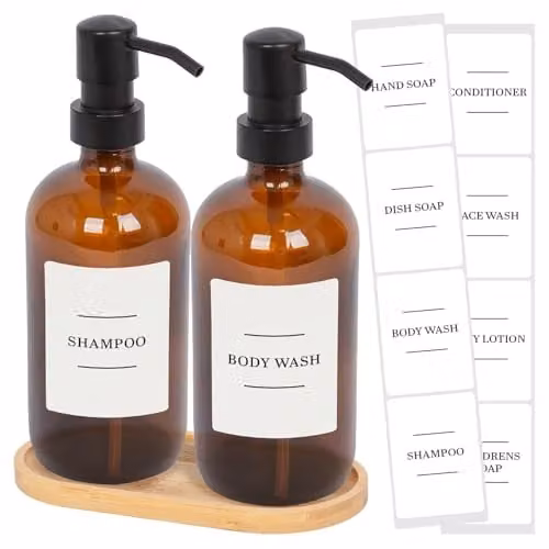 Harbour Housewares 2 Piece Glass Soap Dispenser Set with Bamboo Tray and Labels, 500ml Refillable Bottles with Black Pumps and White Labels – 1
