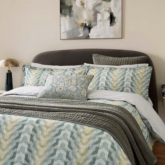 Bedeck of Belfast Reya Super Kingsize Reversible Striped Cotton Percale Duvet Cover and Pillowcase Set, Green, W: 200 cm x H: 200 cm