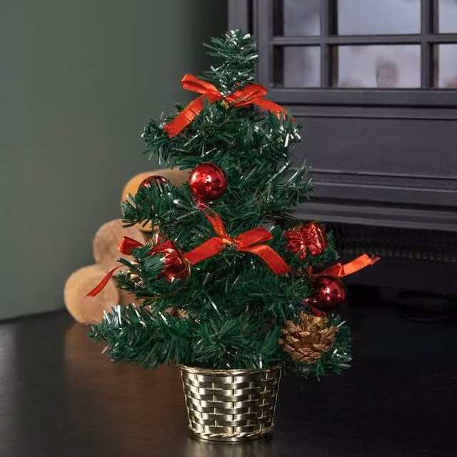 Samuel Alexander 30cm Mini Pre-Decorated Tabletop Christmas Tree in a Gold Pot with Red Baubles and Green Accents