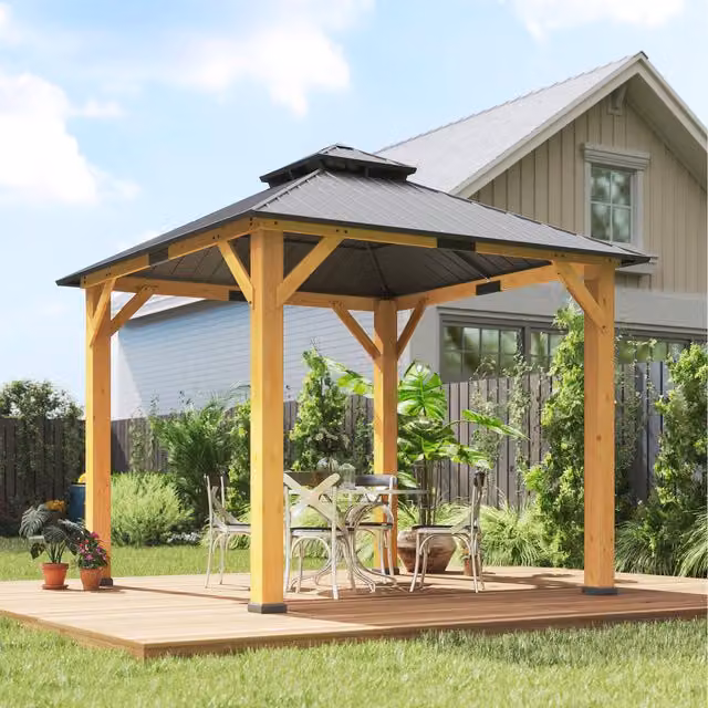 Outsunny Hardtop Gazebo Patio Canopy Shelter with Double-tier Hip Roof, Grey, W: 300 cm x D: 300 cm