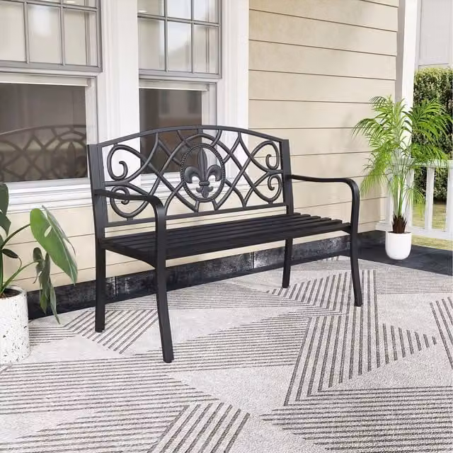 Costway Classic Metal Outdoor Loveseat Bench in Matt Black