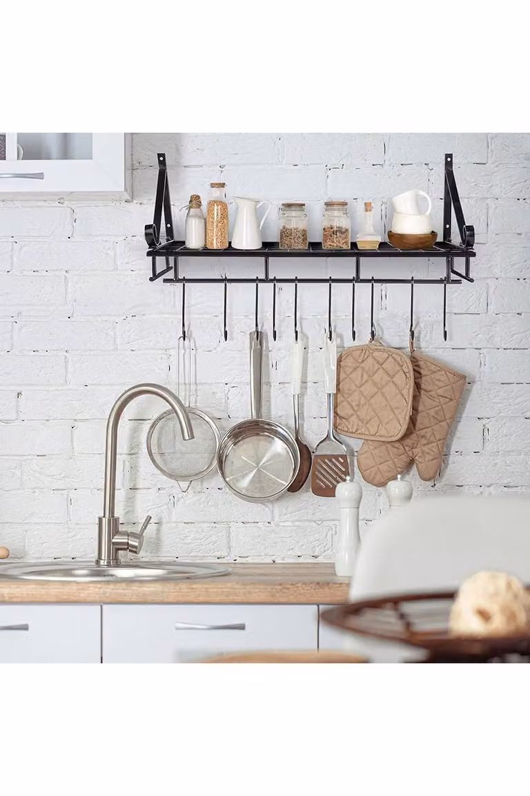 Living and Home Metal Wall Mounted Kitchen and Bathroom Storage Rack with 10 Hooks, Black, Width: 45 cm