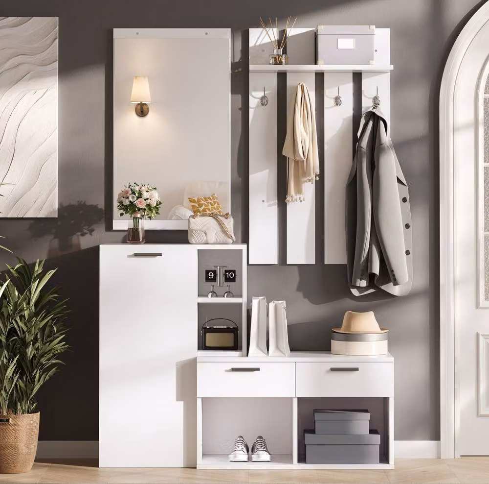 STILVORA White Modern Wardrobe with Mirror, Hooks and Shoe Storage – 2