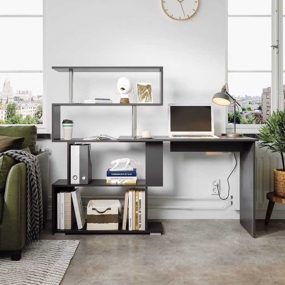 FORGEVIO L-Shaped Corner Computer Desk with Rotating Top and Shelving in Black – 3