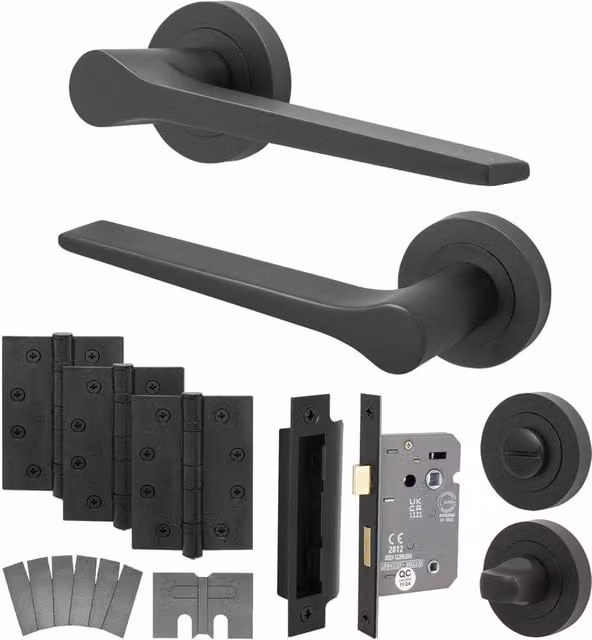 AFIT Matt Black Fire Door Handle and Bathroom Lock Set with Hinges, 1 Pack – 1