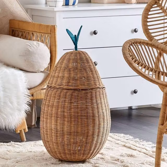 Wyld and Coco Pear-Shaped Rattan Toy Hamper in Natural Beige and Brown Wicker