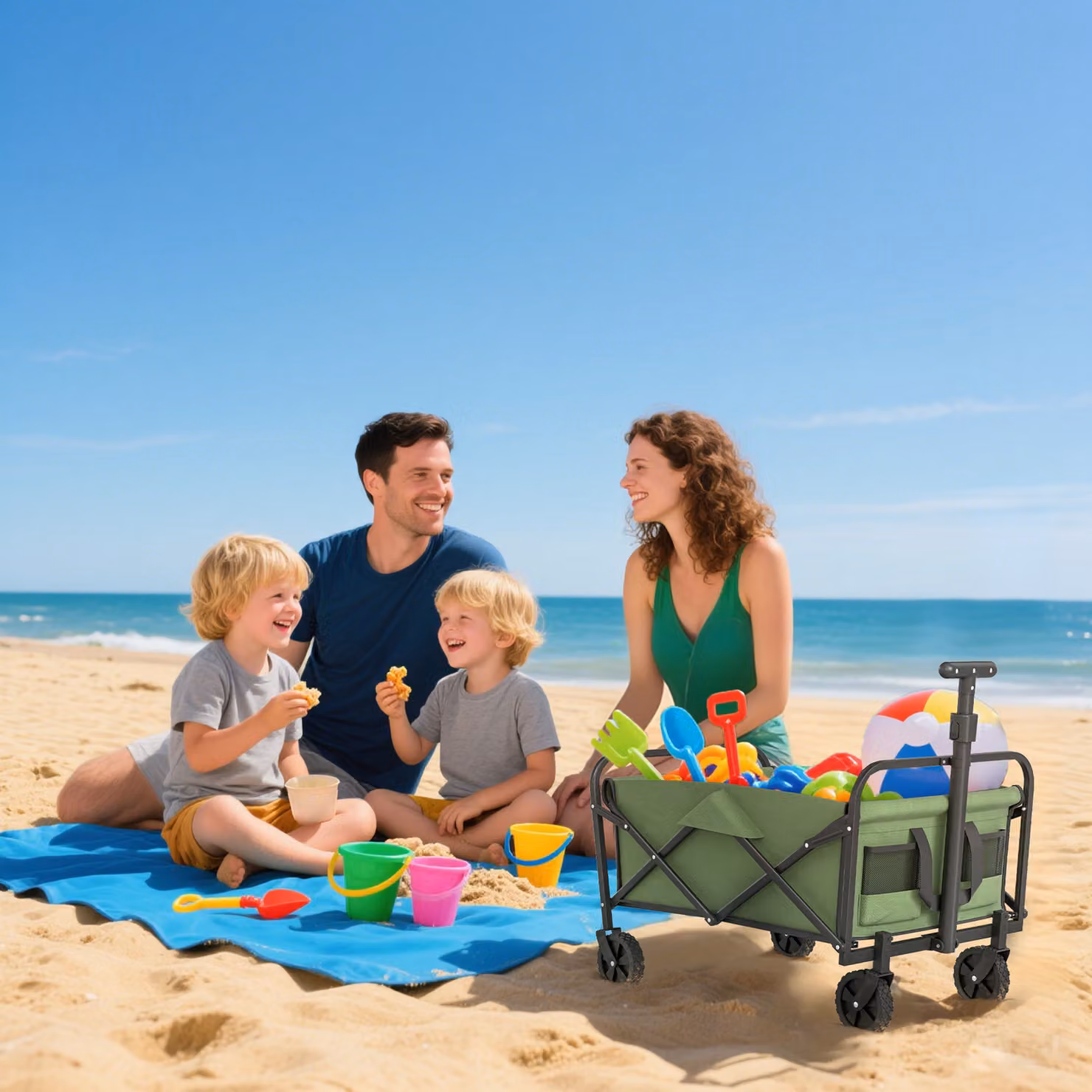 Outsunny Green Heavy Duty Festival Trolley with Wheels and Adjustable Handle, 62L Collapsible Folding Garden Wagon with Carrying Bag – 6