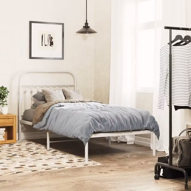 Berkfield Home Metal Bed Frame with Headboard, White, W/D/H: 90 x 190 cm