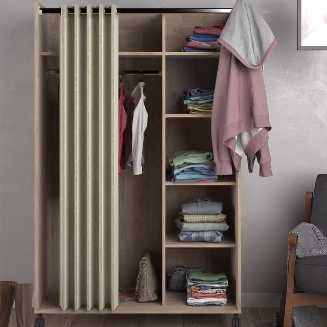 Furniture To Go Uppsala Open Mobile Wardrobe Unit with Textile Curtain in Jackson Hickory