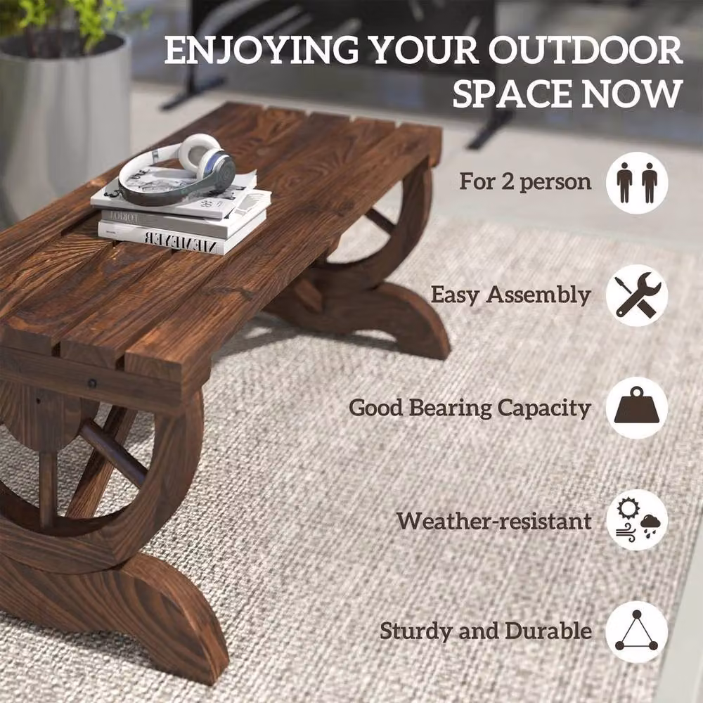 NESTLUNE Rustic Wooden Wheel Bench in Brown for your Garden or Patio, W: 100 cm, D: 60 cm – 3