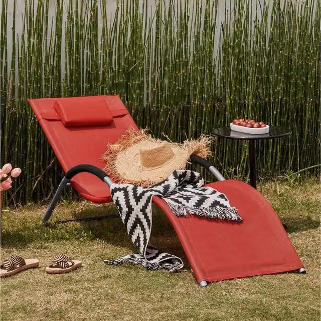 SoBuy Red Outdoor Garden Beach Sun Lounger Recliner with Adjustable Headrest and Powder Coated Steel Frame