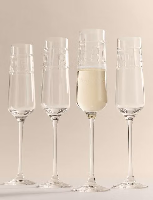 M&S x Kelly Hoppen Set of 4 Etched Geometric Champagne Flutes, Clear Glass