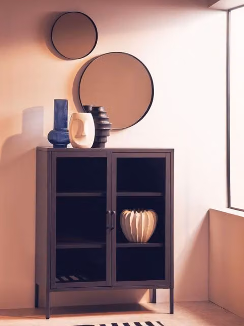 Orsina Industrial Grey Metal and Glass Two Door Cabinet with Internal Shelves, W/D/H: 150 x 75 x 75 cm