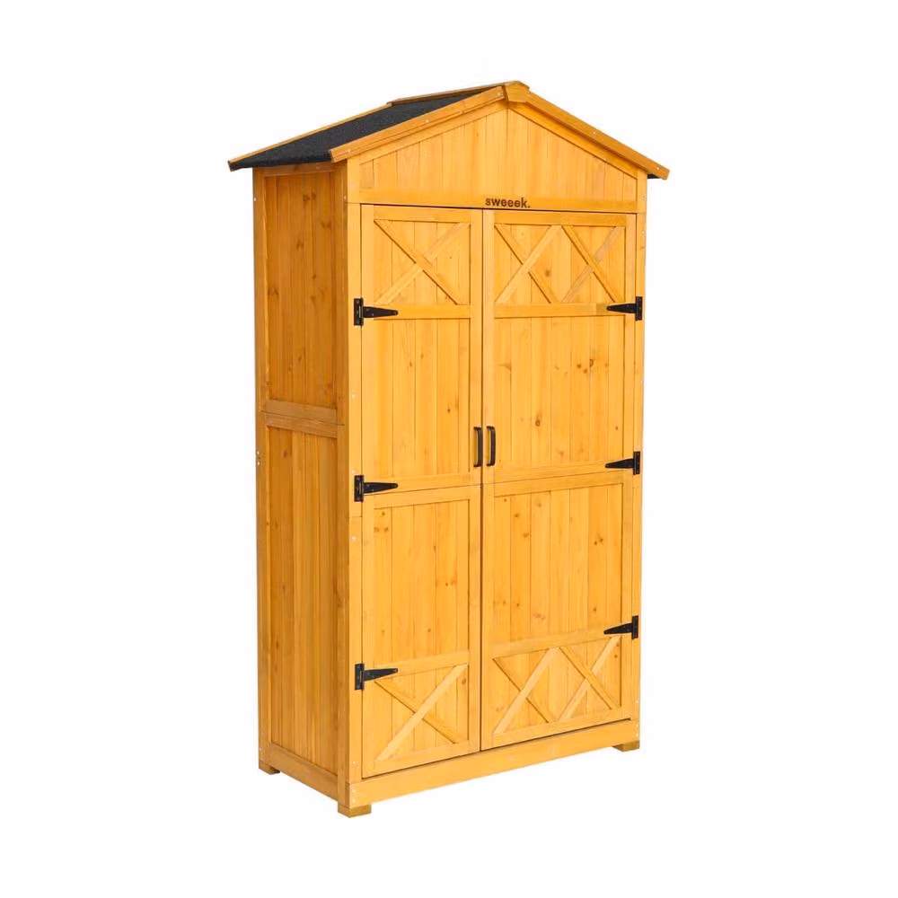 Sweekeek Brown Fir Wood Garden Shed with Double Doors and Shelving, W: 105 cm, D: 55.5 cm, H: 178.5 cm – 2