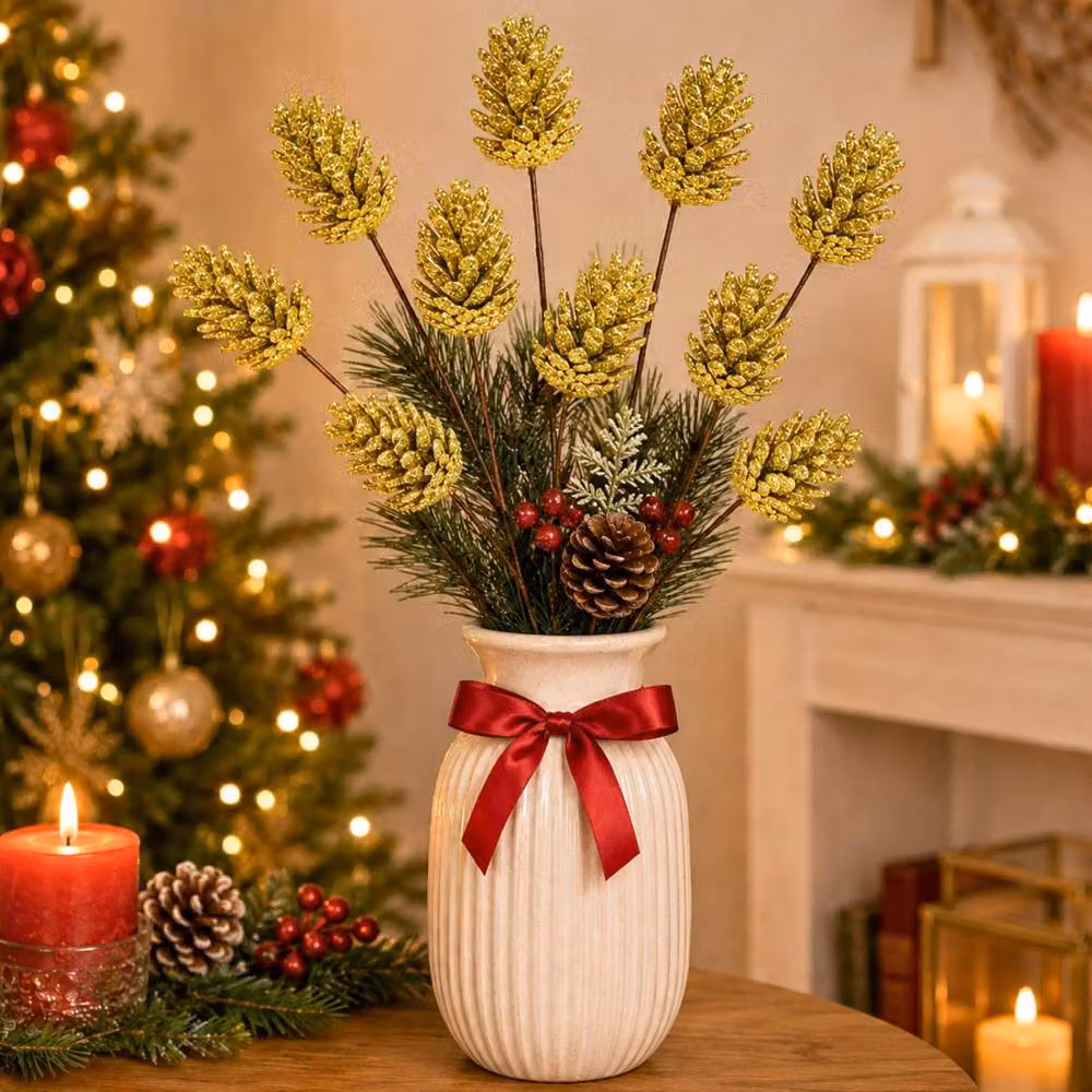 Shatchi Gold Glitter Pine Cone Christmas Picks, 6 Pack, Height: 58 cm – 2