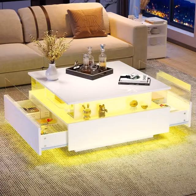 Merax Square High Gloss LED Coffee Table with Acrylic Display and 2 Drawers in White W/D/H: 70 x 41 x 50 cm – 1