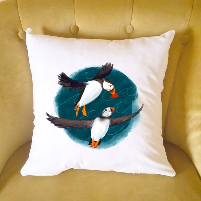 Afewhometruths Puffin Love Cushion, Off-White, W/D/H: 40 x 40 x 40 cm – 1