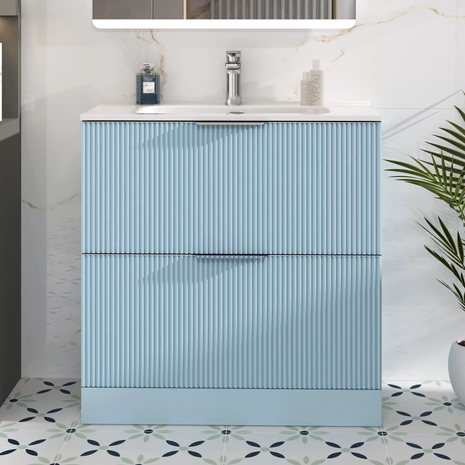 Royal Bathrooms Evora 800mm Powder Blue Fluted Floor Standing Vanity Unit with 2 Drawers and Ceramic Basin