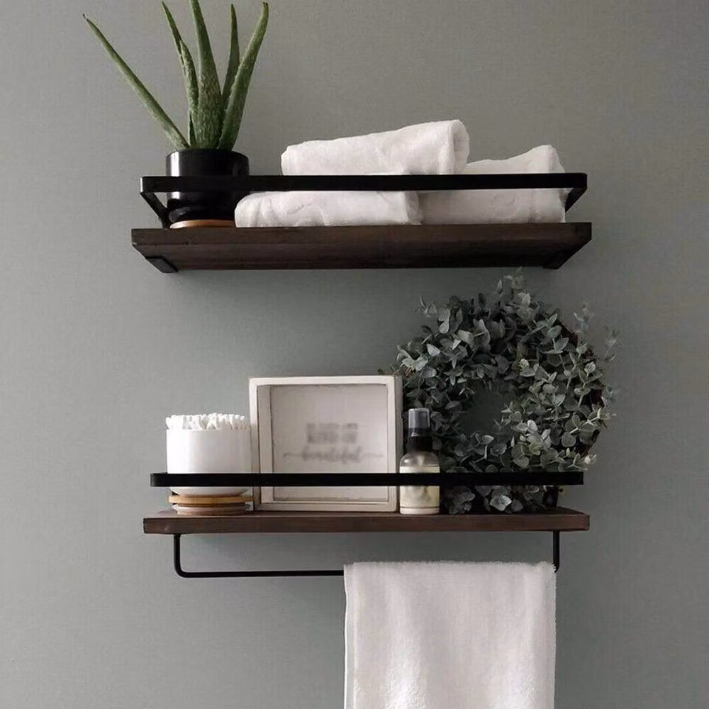 ERGOVEXA 2-Pack Brown Wood Floating Wall Shelf Rack with Towel Bar and Hooks for Kitchen or Bathroom – 4