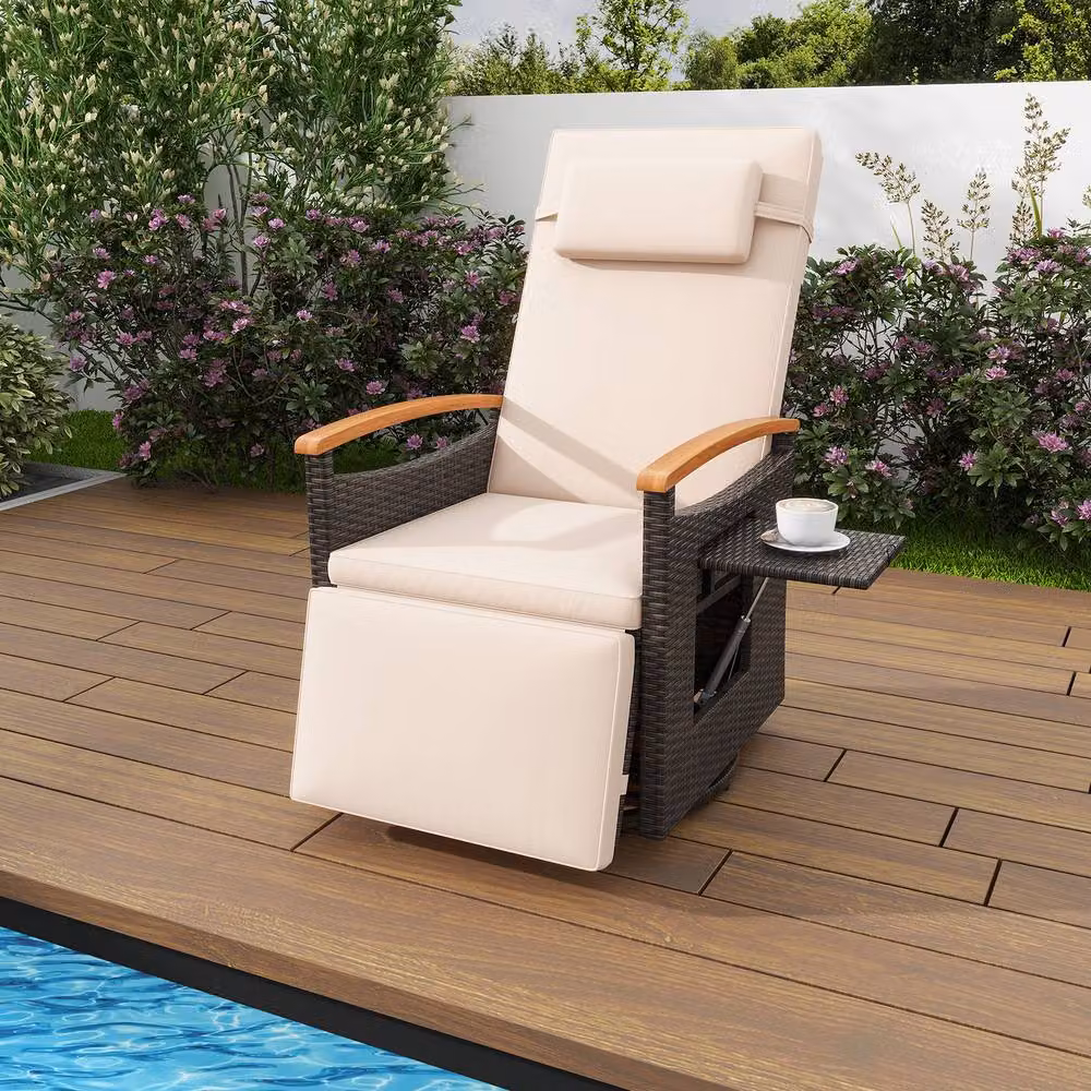 Gymax 360 Swivel Wicker Lounge Chair with Flip Side Table and Adjustable Headrest in Brown – 2