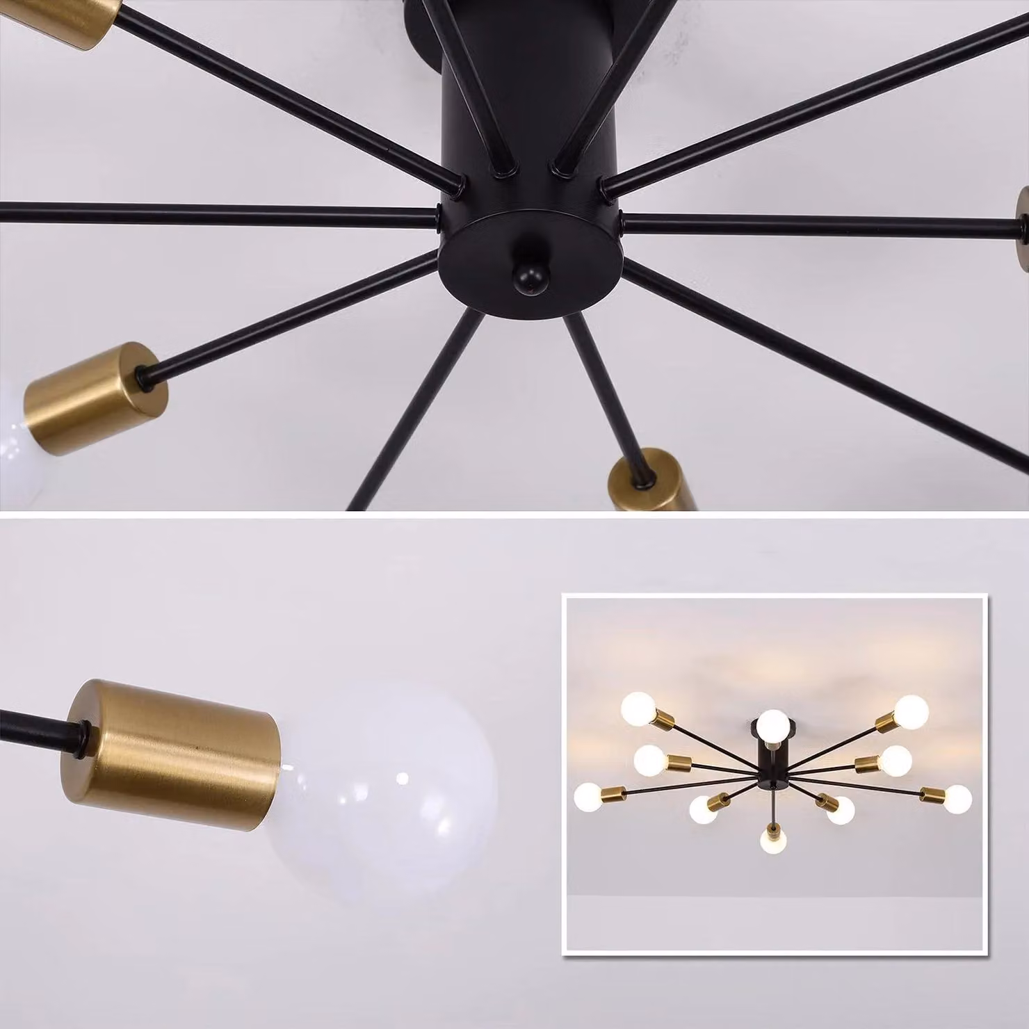 Garwarm Mid Century Sputnik Industrial Metal Ceiling Chandelier in Black and Gold/Brass – 2