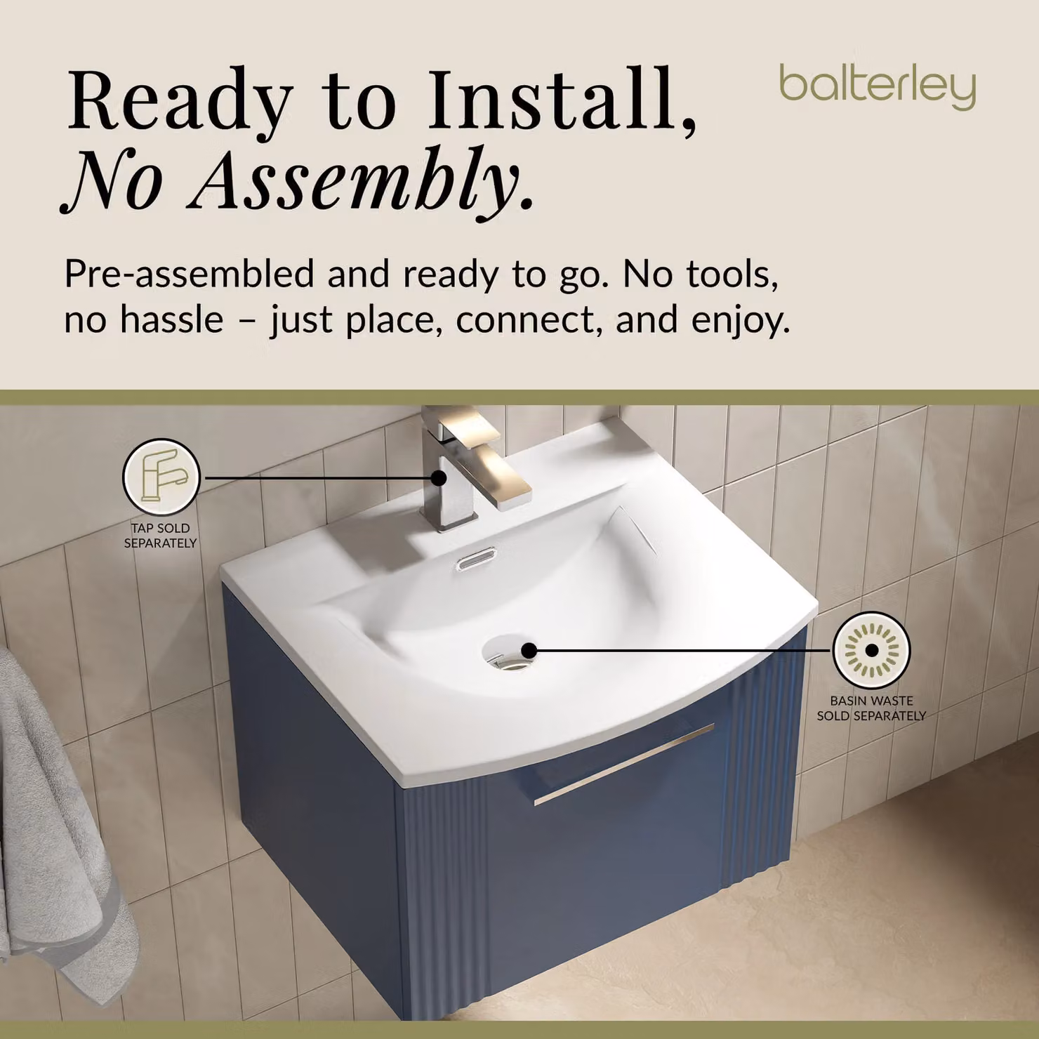 Balterley Wall Hung 1 Drawer Vanity Unit with Curved Basin, Satin Blue – 4