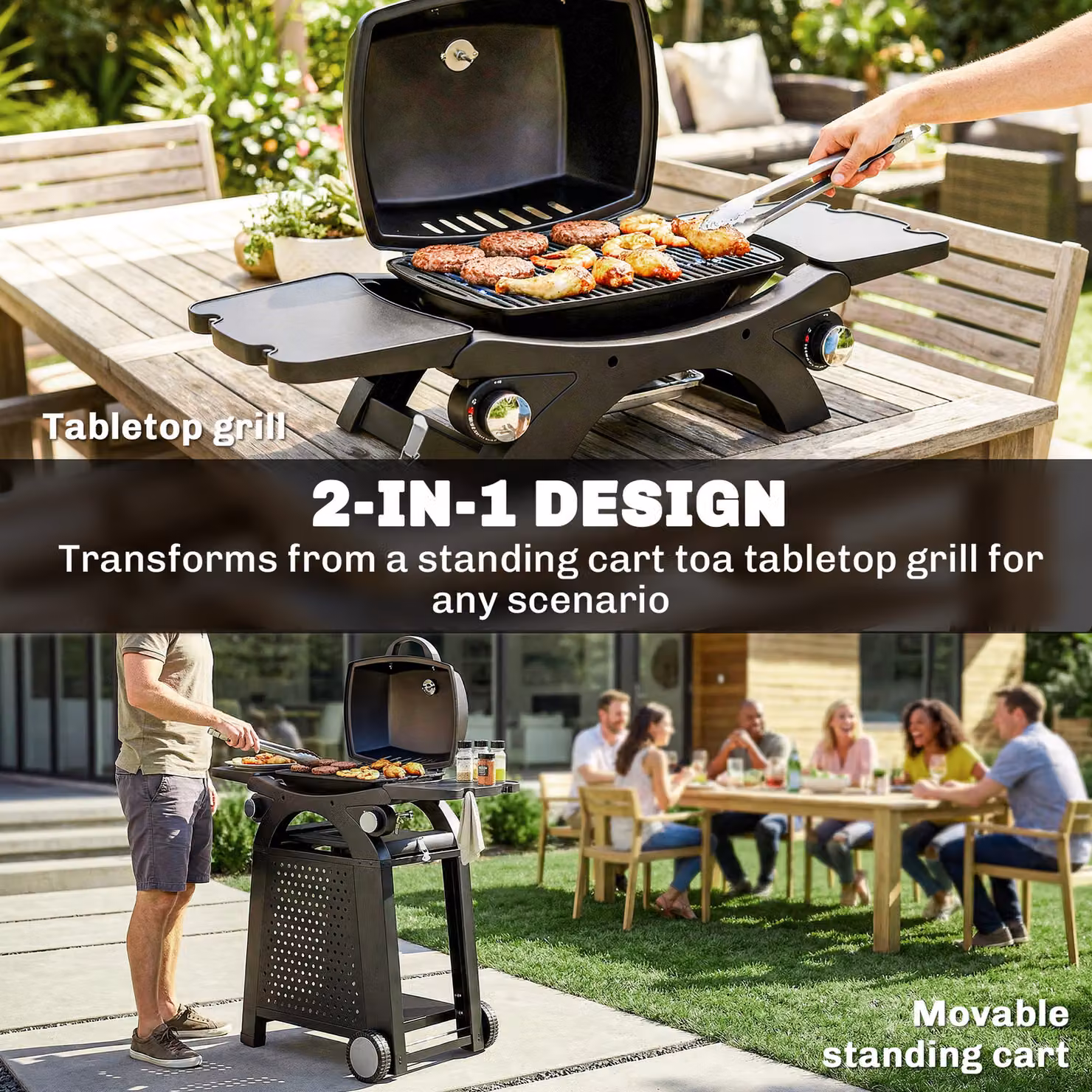 Outsunny 2 Burner Gas Barbecue Grill with 2 Side Tables and Cast Iron Grates, 3.8 KW Black Tabletop BBQ with Wheels – 4