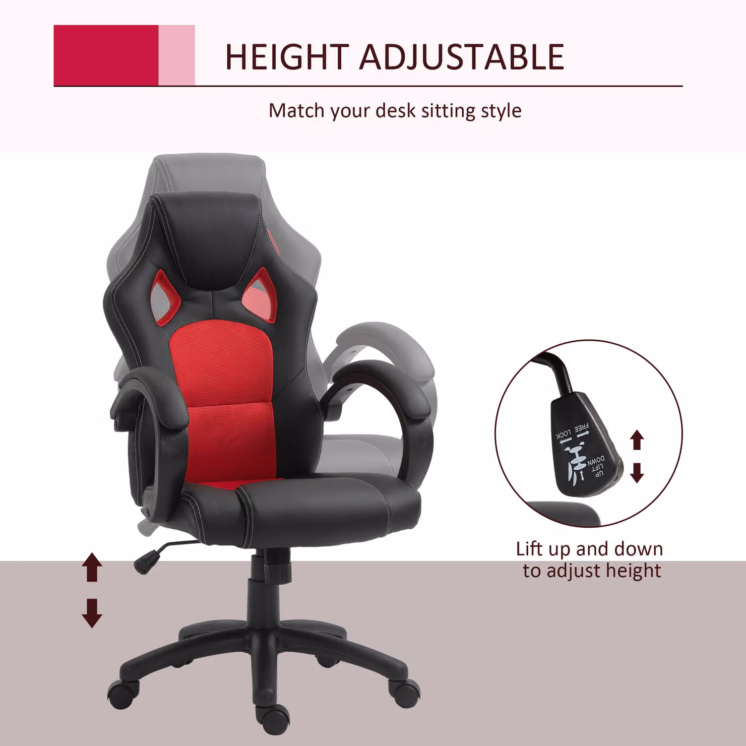 Vinsetto Ergonomic Office Chair in Black and Red with Synthetic Leather and Mesh, Featuring Adjustable Height, Armrests and 360 Degree Swivel – 4