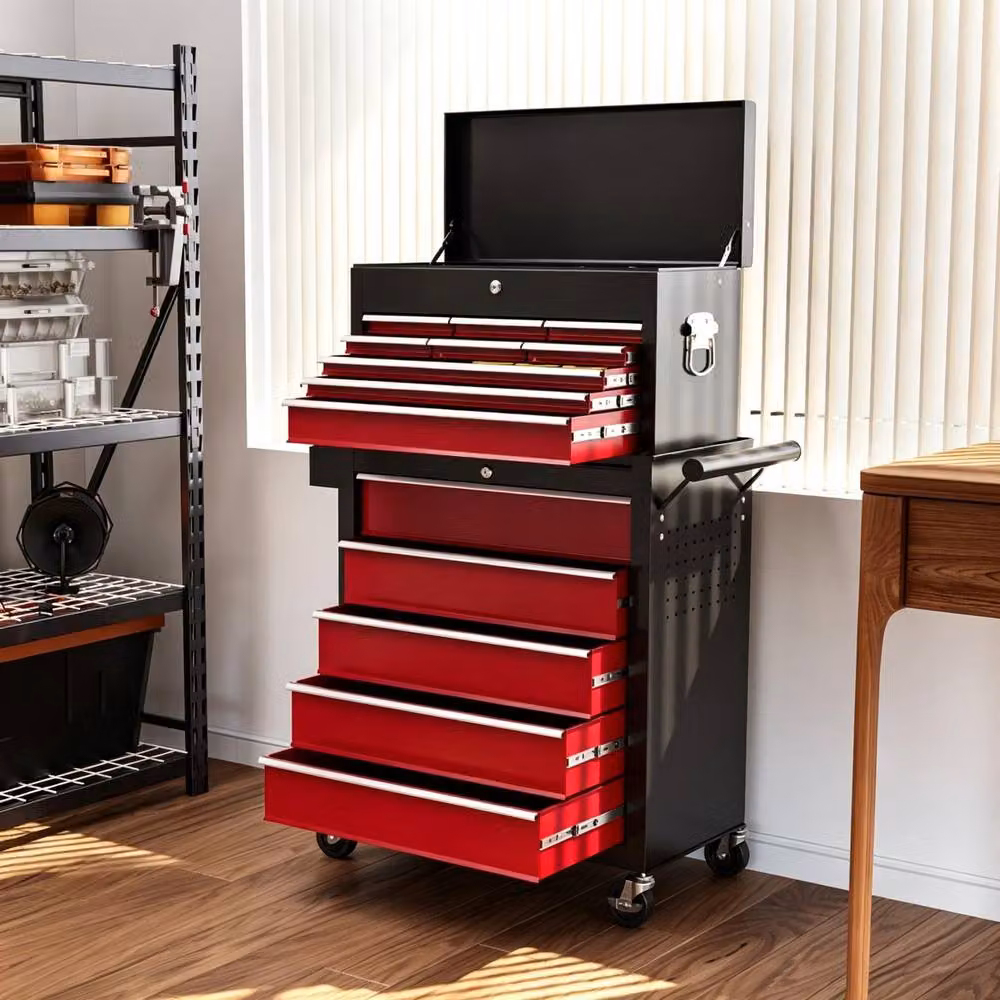 STILVORA Steel Tool Storage Chest with 14 Lockable Drawers and Wheels, Red, H 76 cm x W 60 cm x D 75 cm – 2