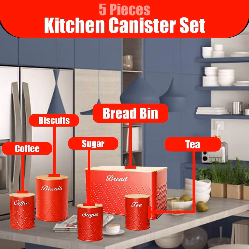 ATEK 5 Piece Airtight Kitchen Canister Set with Bamboo Lids in Red – 3