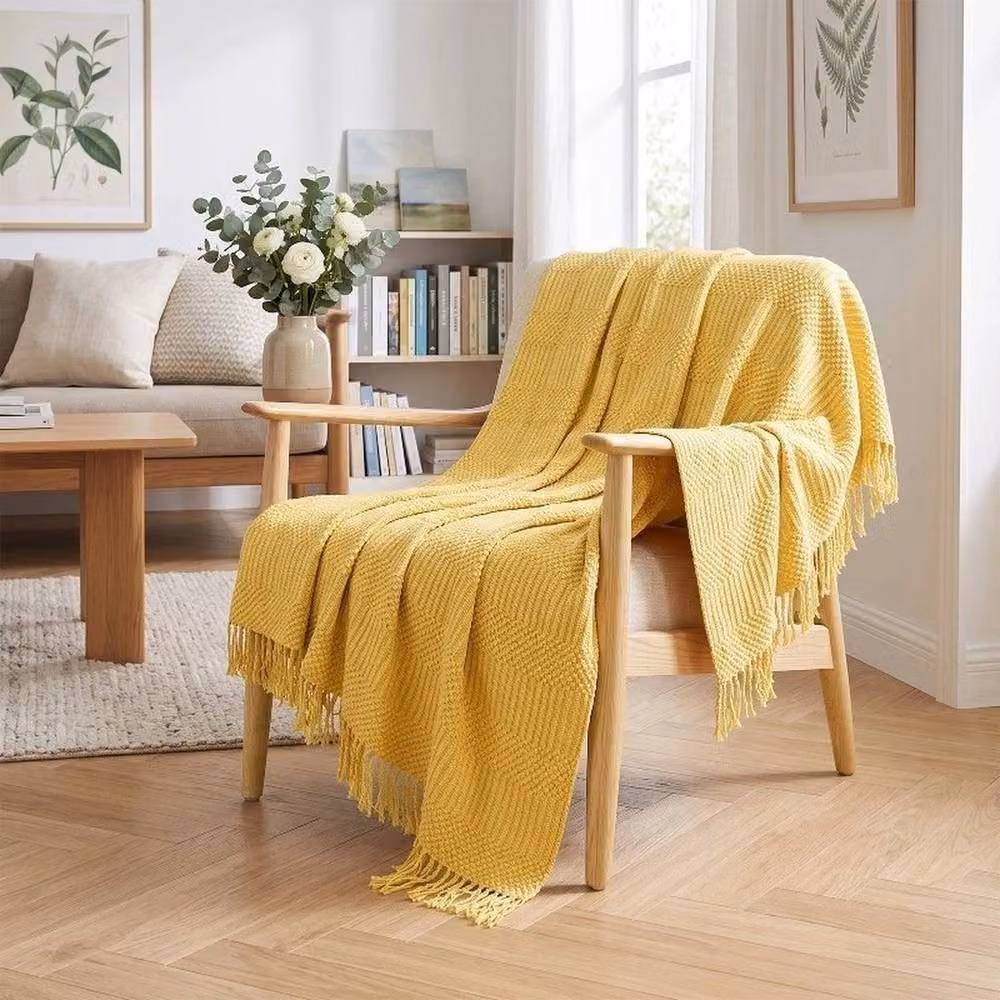 Pawnora Yellow Solid Knitted Throw Blanket W: 150 cm, L: 200 cm – 4