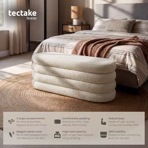tectake Storage Bench with Bouclé or Velvet Cover, W/D/H: 110 x 45 x 42 cm, Upholstered Ottoman with 150 kg Load and Removable Top Pad in Beige or White – 2