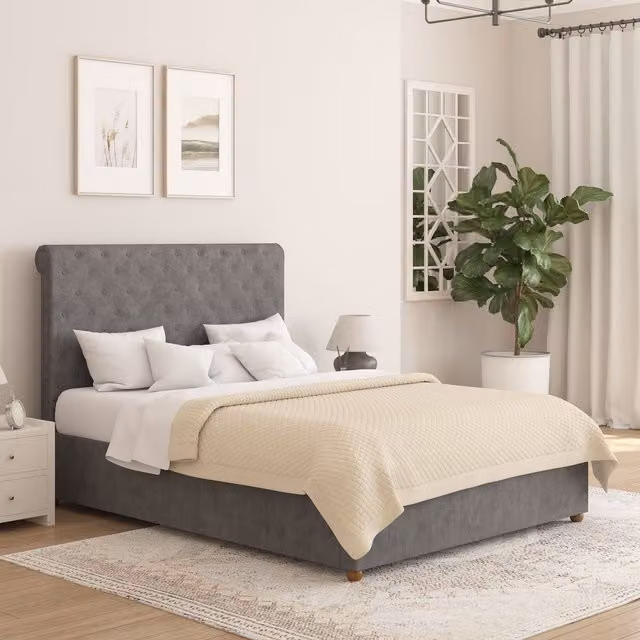Aspire Taylor Ottoman Storage Bed Frame in Grey Plush Velvet Fabric, Size: Double (140 x 200 cm)