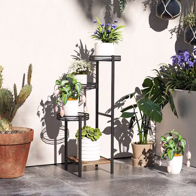 OUTSUNNY 4 Tiered Metal and Wood Plant Pot Stand, Black, W/D/H: 80 x 25 x 23 cm