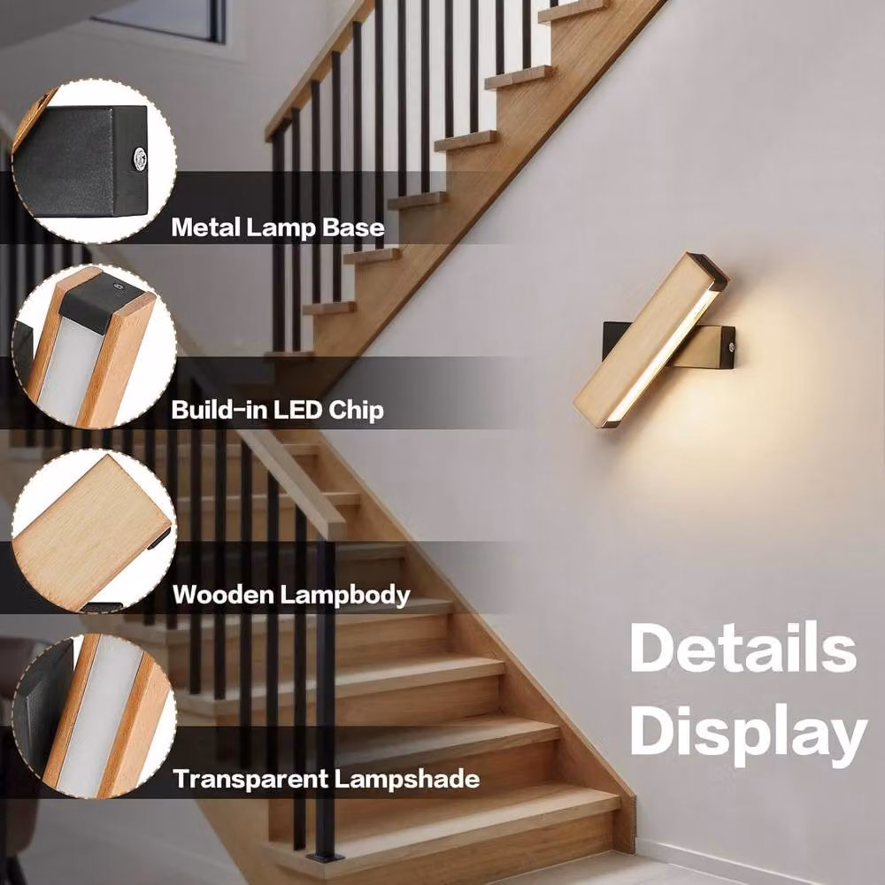 Goeco LED Indoor Wall Light, 5W, Adjustable Rotatable Wooden Bedroom Lamp, Warm White 3000K, Black – 3