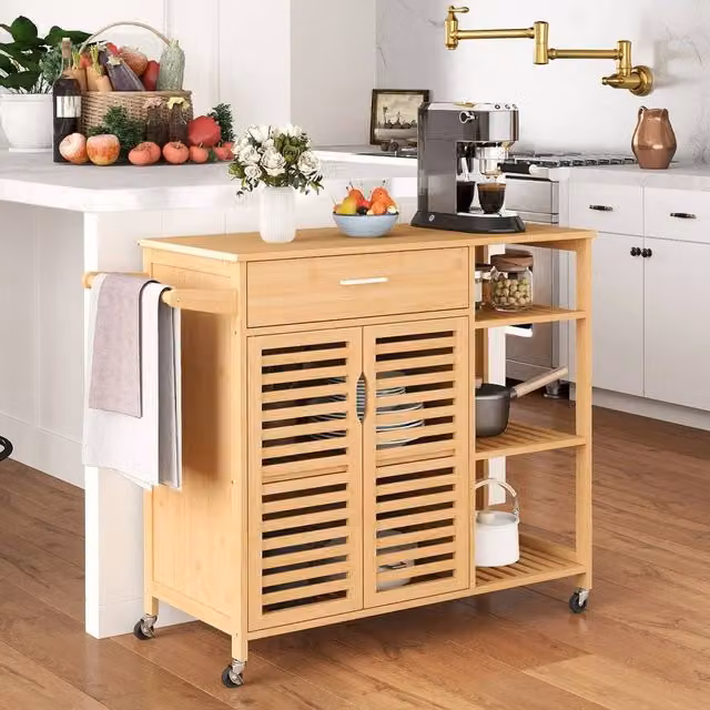 VOGREX Bamboo Rolling Sideboard, 2-Door Wood Storage Cabinet with Castors in Brown and Beige – 1