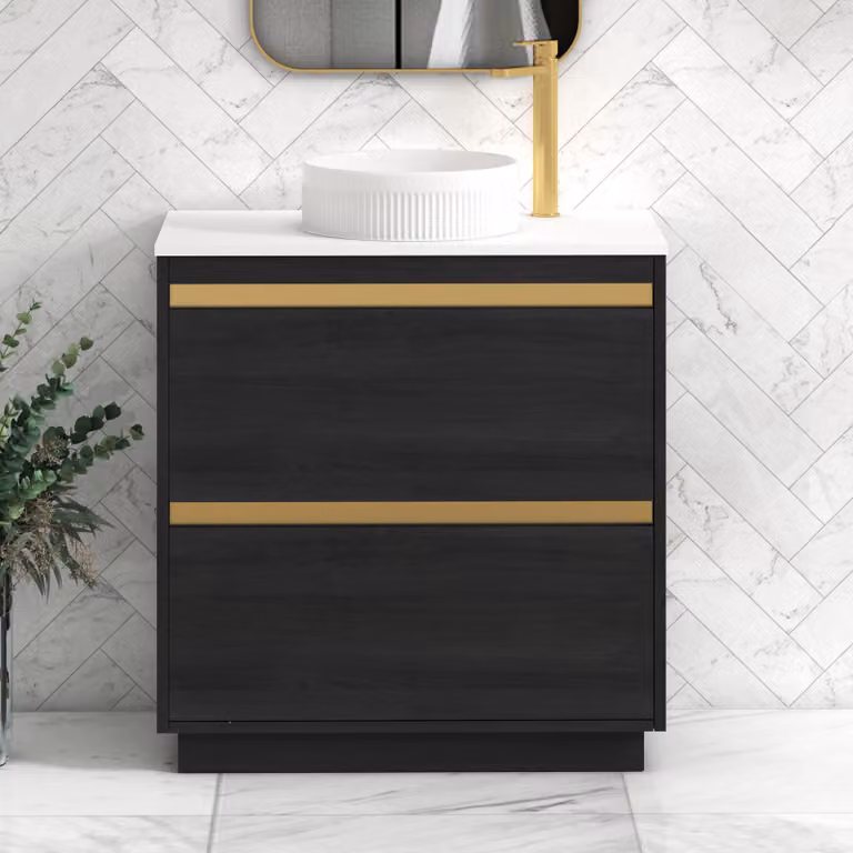 Royal Bathrooms Orion 800mm Hale Black and White Floor Standing Vanity Unit with 2 Drawers, Round Basin and Brushed Brass Accent Trim