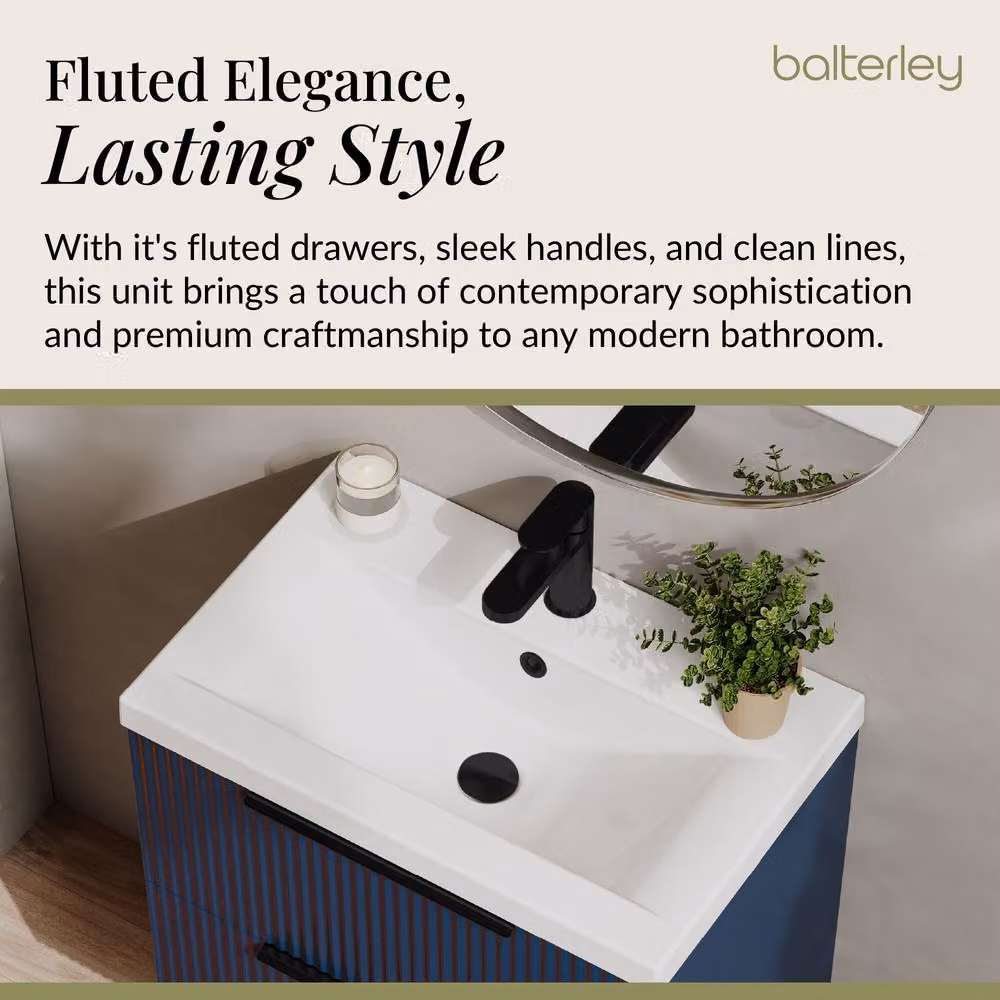Balterley Fluted Front Wall Hung 2 Drawer Vanity Basin Unit, Satin Blue, W: 60 cm – 3