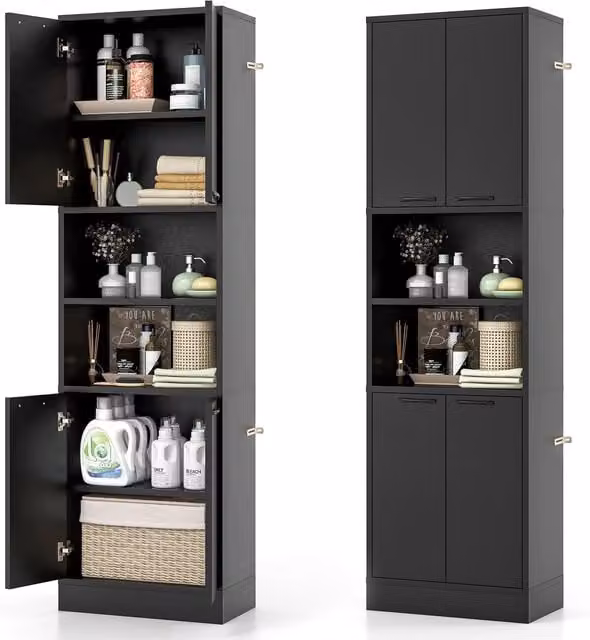 Gymax Black Freestanding Tall Kitchen Cabinet with Hinged Doors and Internal Shelves, Height: 190 cm – 1
