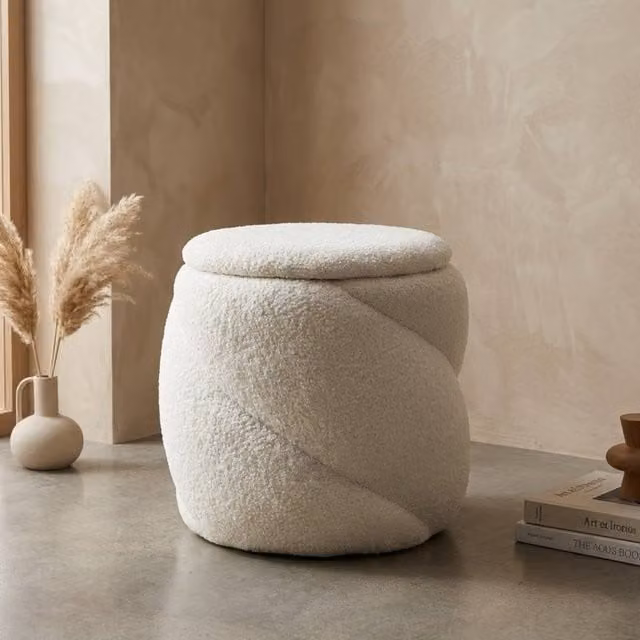 Garden Greatness Aurelie Teddy Blanc Chest Stool in Cream Bouclé Fabric