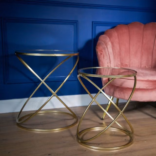 Madison & Mayfair Set of 2 Gold Criss Cross Nesting Tables with Glass Tops – 2