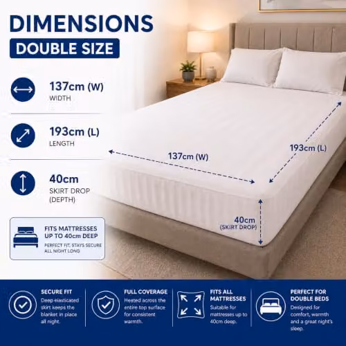 Sweet Dreams Double Electric Heated Mattress Cover with Dual Controls and Elasticated Skirt, W: 137 cm, D: 193 cm, H: 40 cm, White – 2